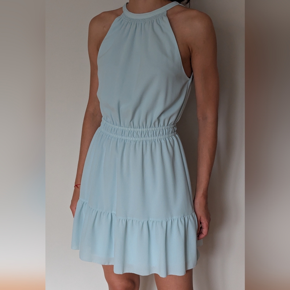 Aritzia Light Blue Halter Elastic Waist Tiered Mini Dress